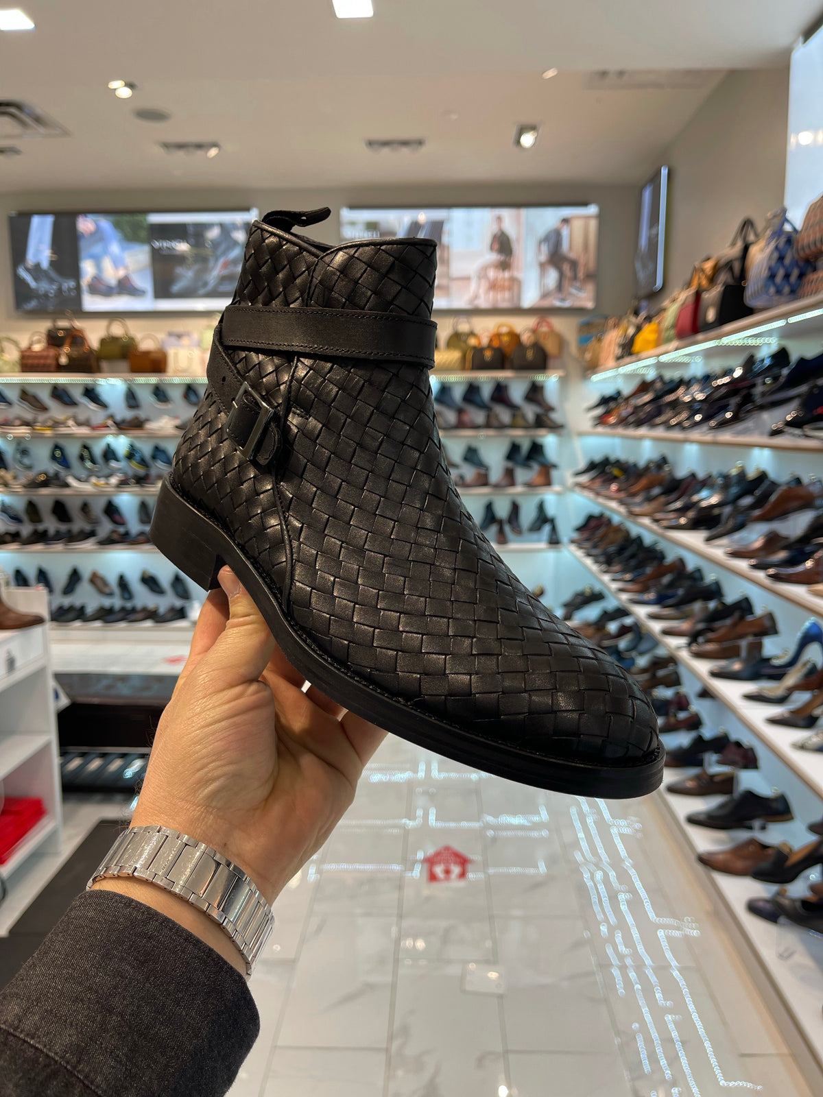 The Morral Black Handwoven Leather Cross Strap Buckle Zip-Up Men Boot