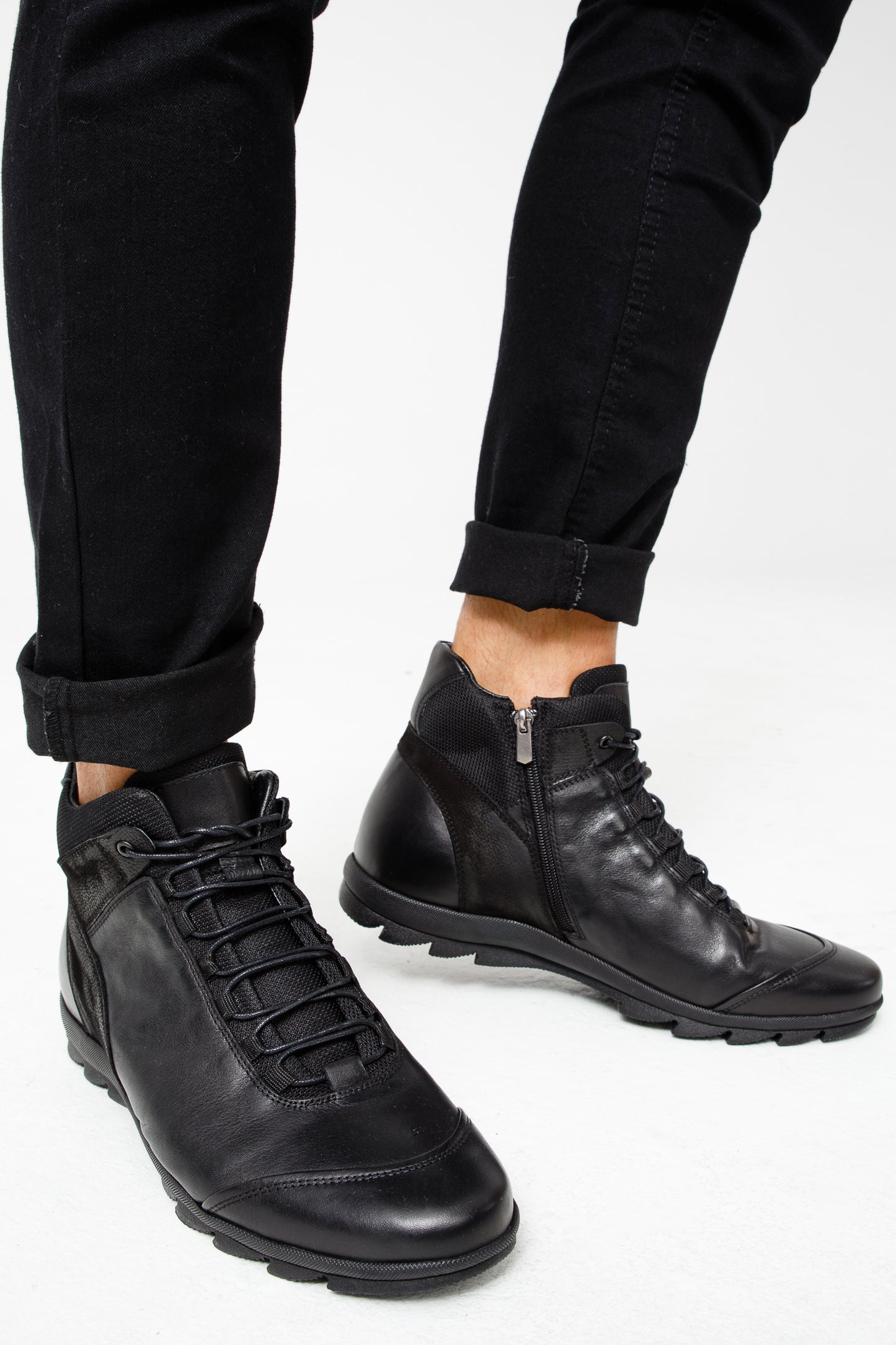 Bota casual con cordones y cremallera para hombre de cuero negro Houston