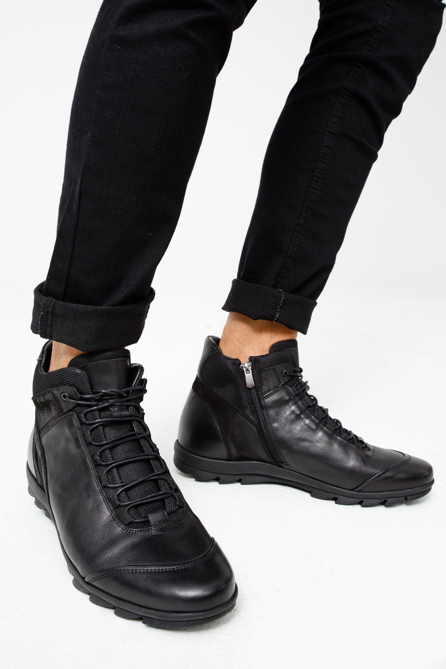 Bota casual con cordones y cremallera para hombre de cuero negro Houston
